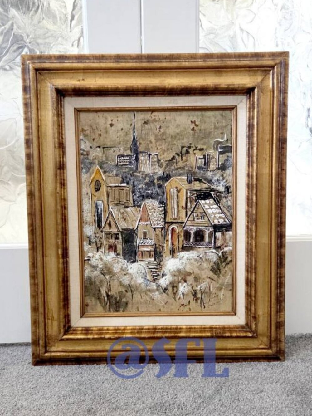 Vintage Mid Century Decorative Style Village Scene With Muted Earth Tones Signed